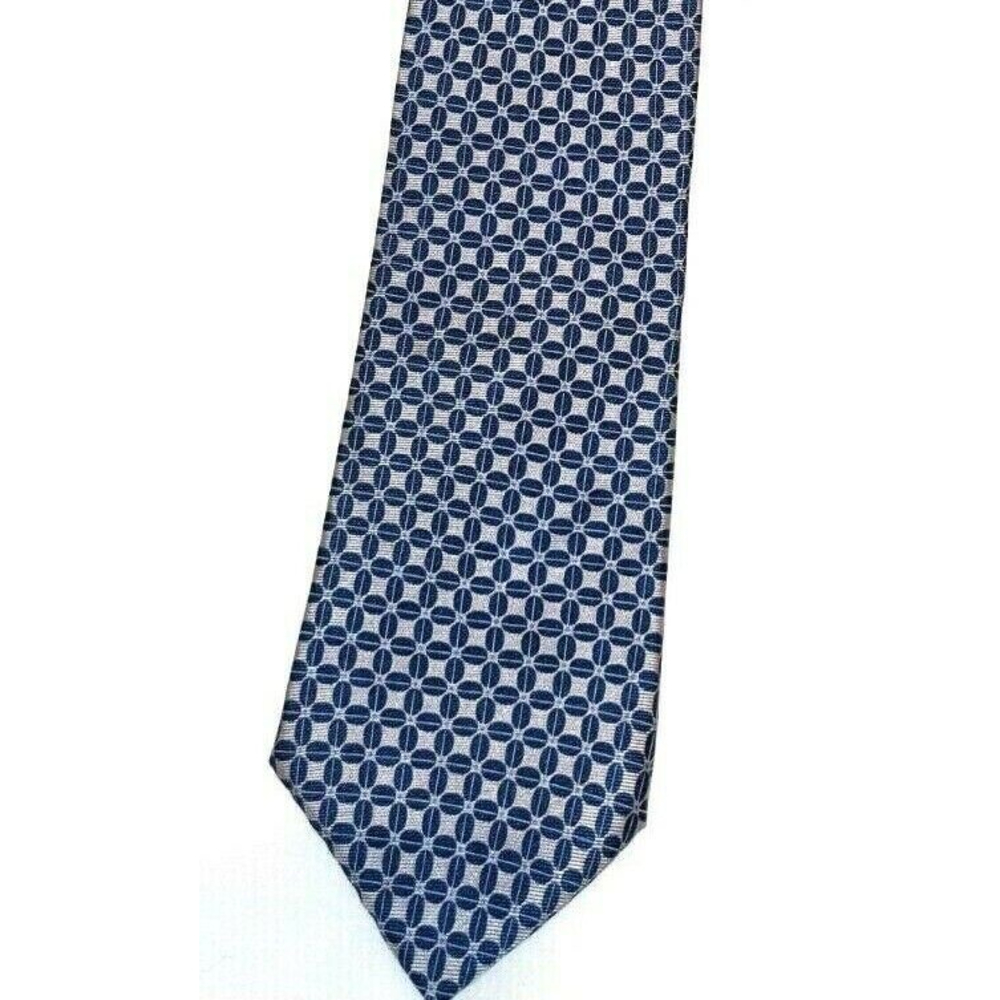 Chaps Men’s Neck Tie 100% Silk Blue Silver Ovals Squares Checkered